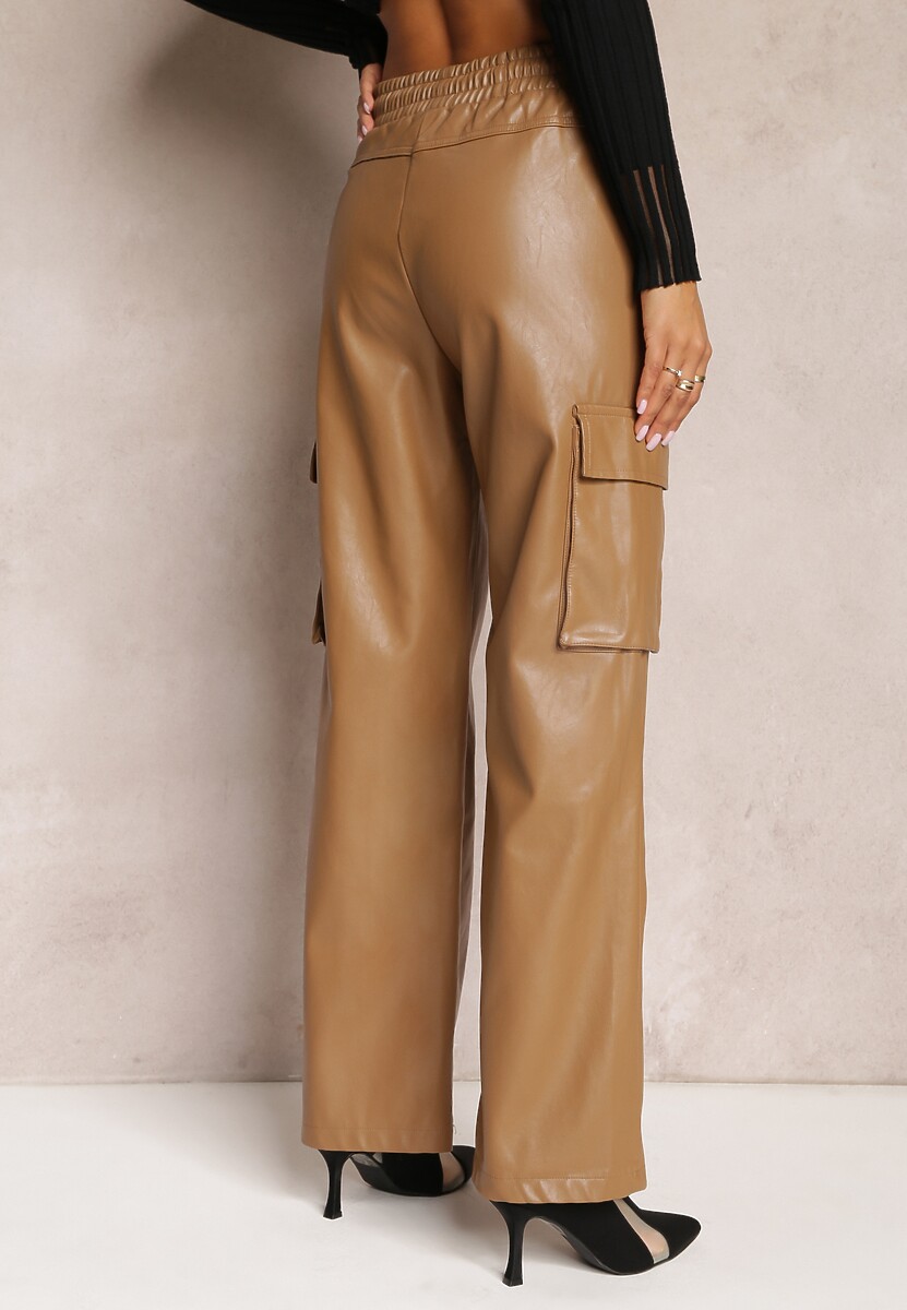 Beżowe Szerokie Spodnie w Stylu Cargo z Kieszeniami na Klapy Mixana