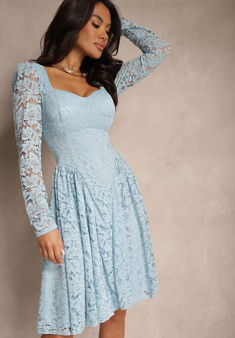 Niebieska Taliowana Sukienka z Koronki z Rozkloszowanym Dołem Teladriela