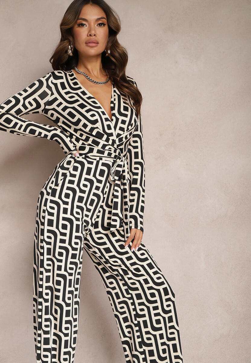 Beżowo-Czarny Luźny Kombinezon z Wiązanym Paskiem w Geometryczny Wzór Elanihera