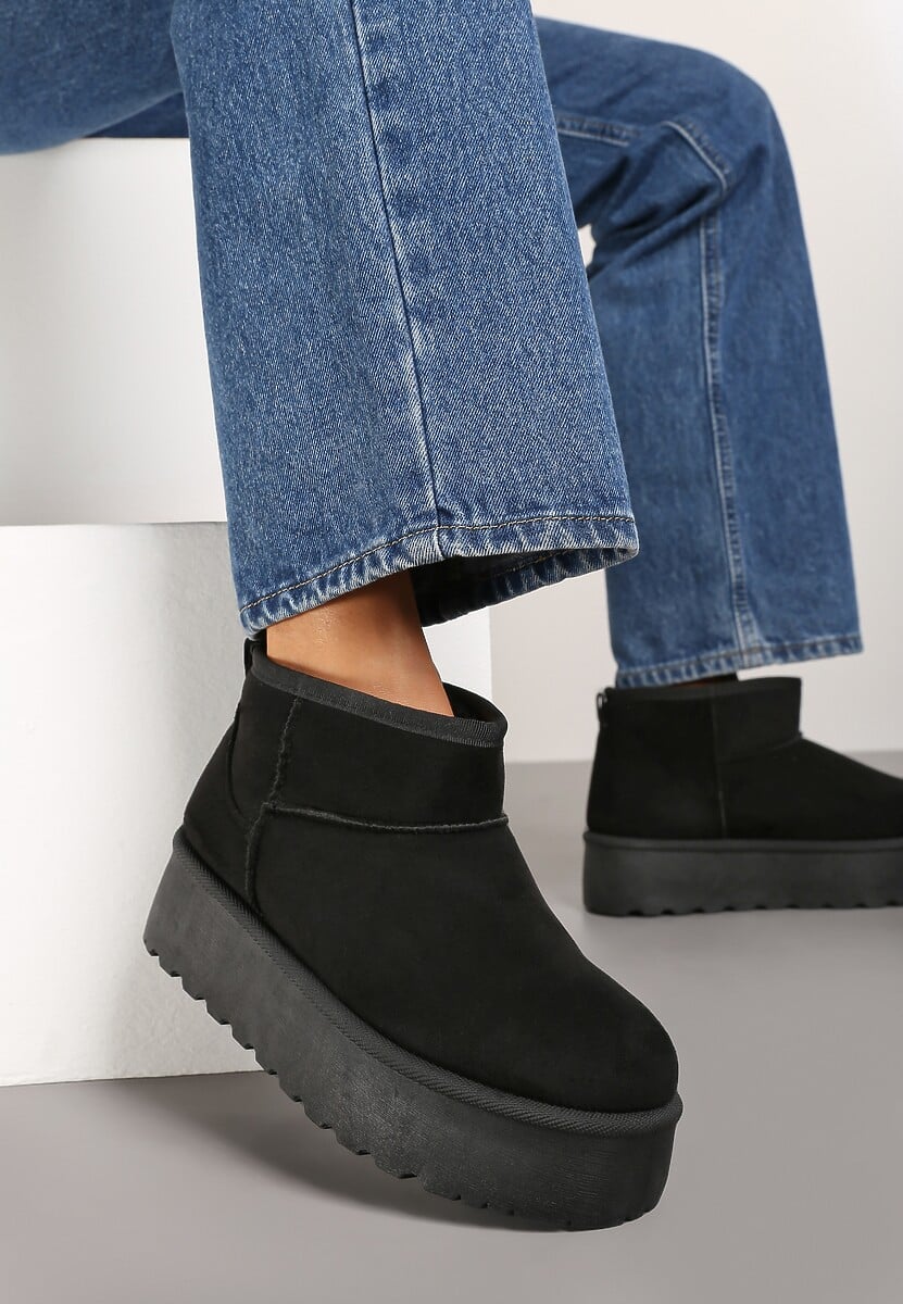 Czarne Krótkie Śniegowce na Grubej Podeszwie Aranwen