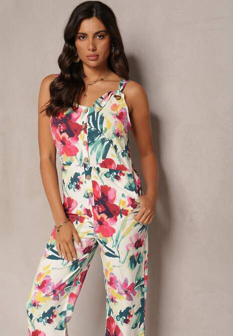 Beżowy Bawełniany Kombinezon w Kwiatowy Print z Kieszeniami na Wiązanych Ramiączkach Beyla