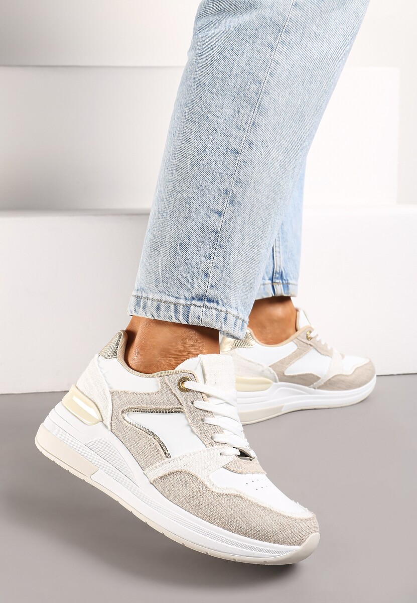 Beżowo-Białe Sneakersy na Niskim Koturnie z Materiałowymi Wstawkami Aquamarine
