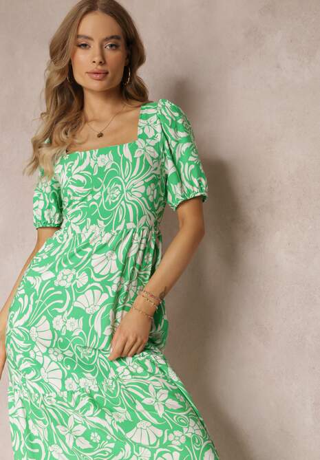 Jasnozielona Taliowana Sukienka Midi z Wiskozy w Kwiaty Alexanita