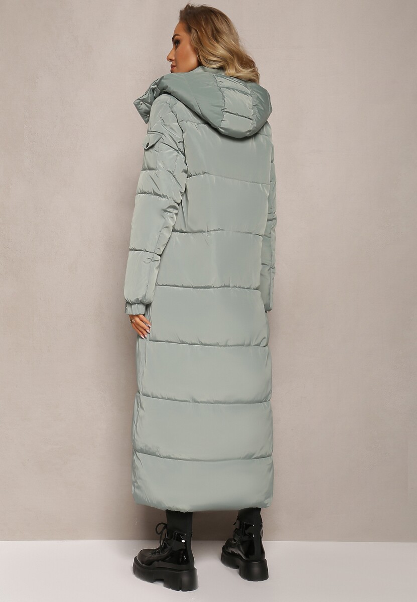 Miętowa Długa Kurtka Płaszcz z Pikowaniem i Odpinanym Kapturem Mystaris