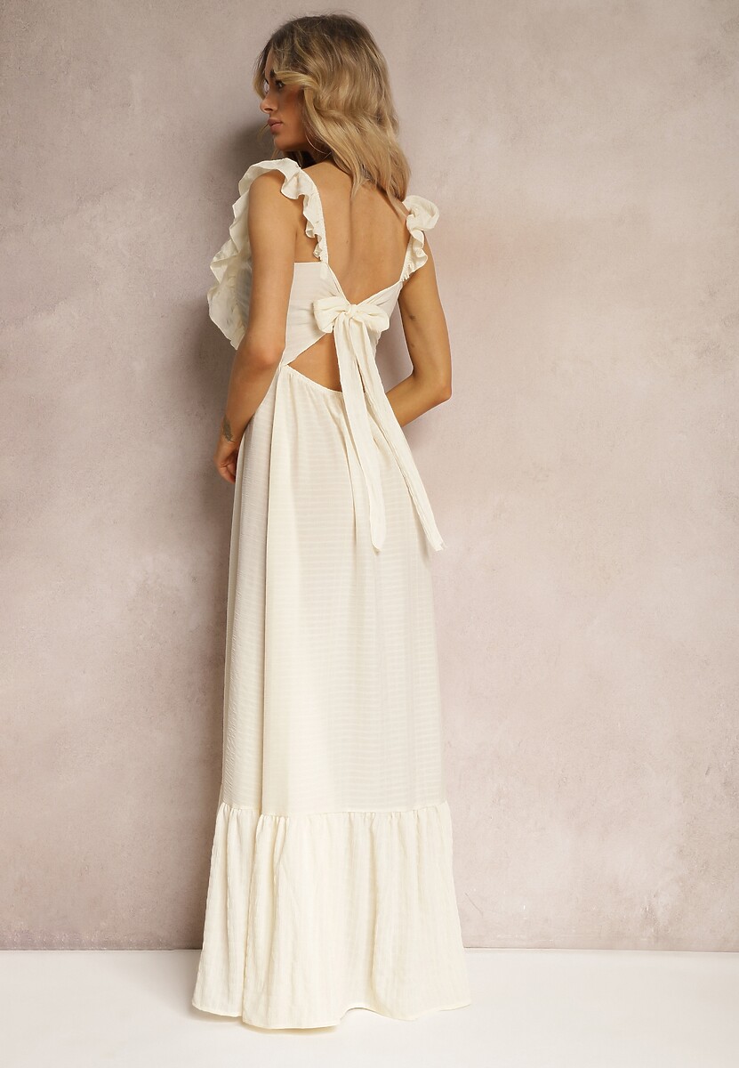 Jasnobeżowa Sukienka z Wiązaniem na Plecach na Ramiączkach z Falbankami i Gumką w Pasie Rollas