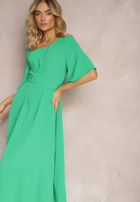 Ciemnozielona Rozkloszowana Sukienka Maxi z Szerokim Rękawem i Gumką w Pasie Sador