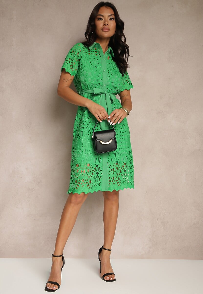 Zielona Koszulowa Sukienka Midi z Ażurowym Zdobieniem Tatrasi