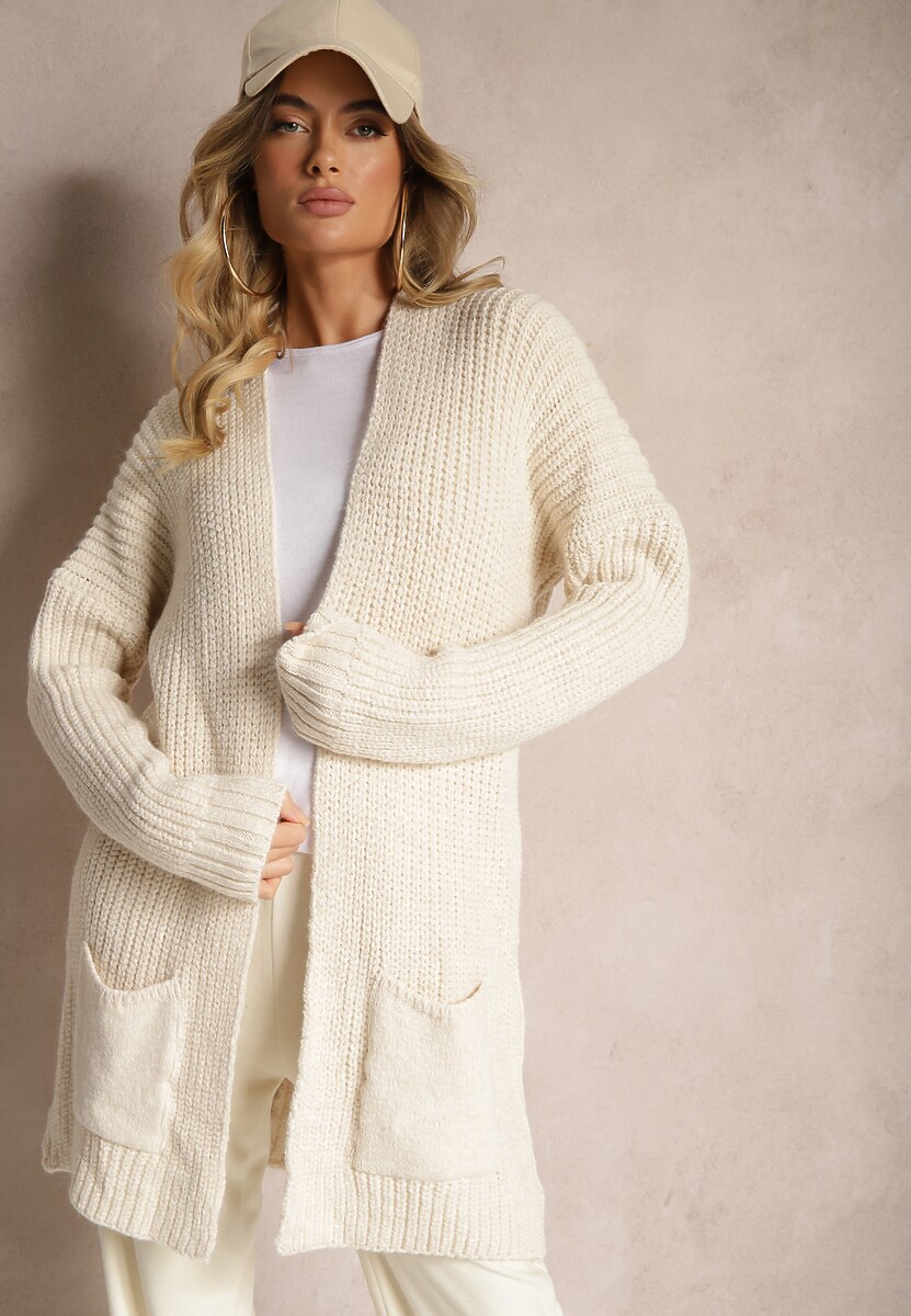 Jasnoróżowy Długi Kardigan Bez Zapięć z Obniżoną Linią Ramion i Kieszeniami Viatha