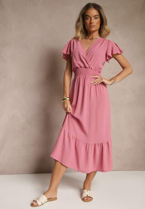 Różowa Kopertowa Sukienka o Rozkloszowanym Fasonie z Gumką w Talii Reivione