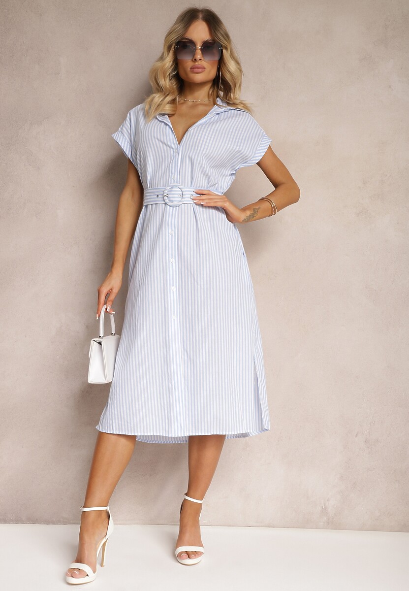 Niebieska Koszulowa Sukienka z Bawełny z Paskiem w Talii Nelassia
