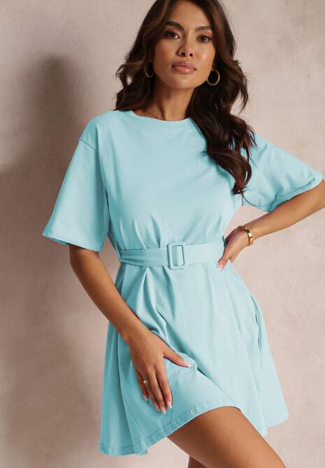 Jasnoniebieska Rozkloszowana Sukienka Mini z Bawełny z Dodatkowym Paskiem Seibeia
