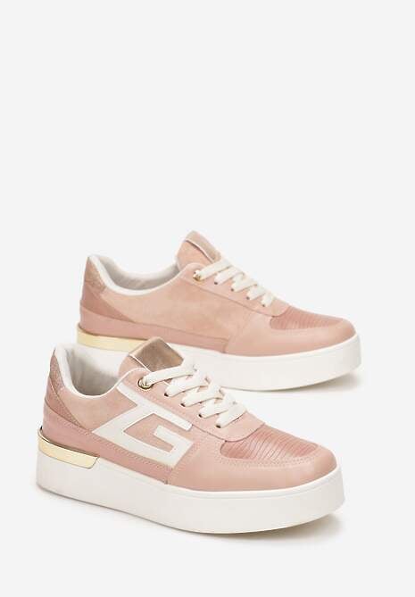 Różowe Sznurowane Sneakersy na Grubej Podeszwie z Metaliczną Wstawką Faeline