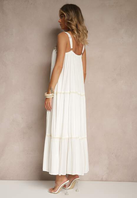 Biała Rozkloszowana Sukienka z Wiskozy z Metalicznymi Aplikacjami Sevinda