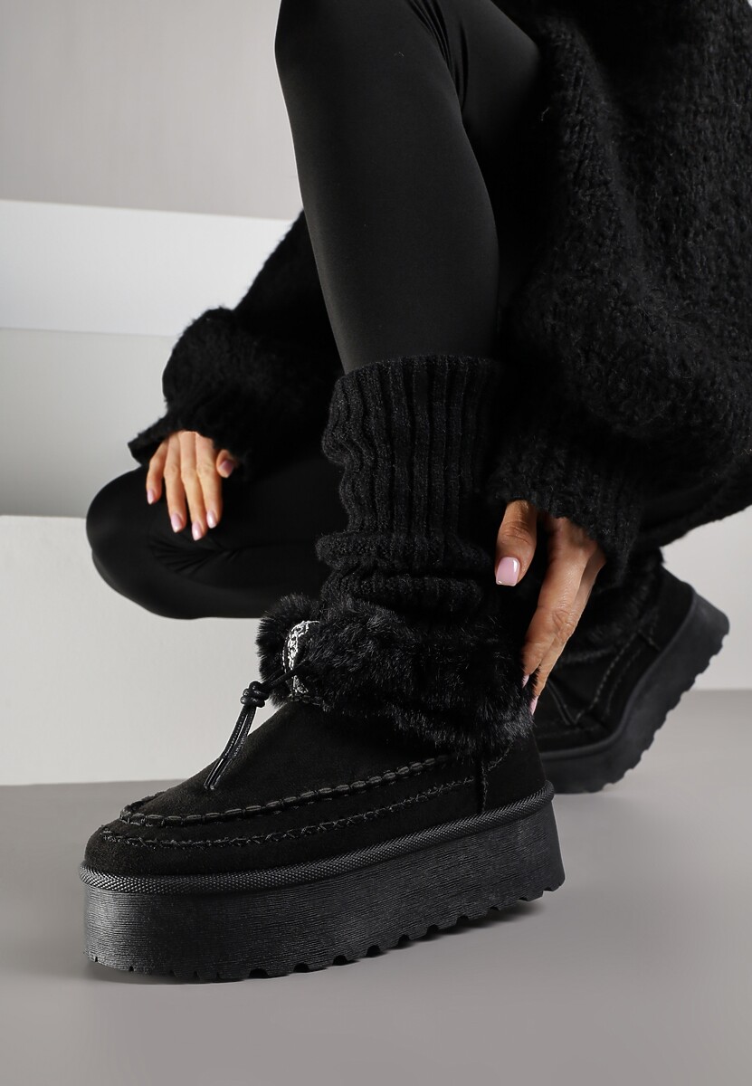 Czarne Śniegowce na Platformie Ozdobione Futerkiem i Przeszyciami Linerva