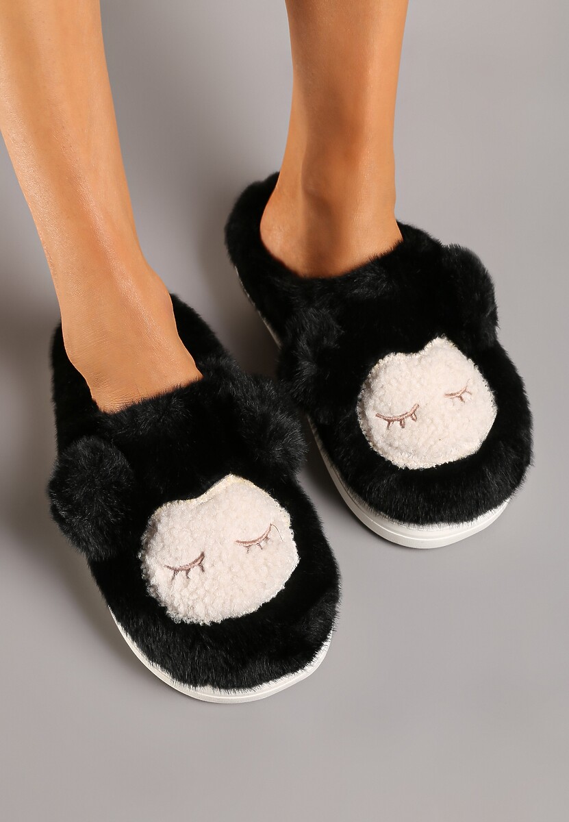 Czarne Kapcie na Grubej Podeszwie Wykończone Futrem i Aplikacją Imitującą Owieczkę Seathlin