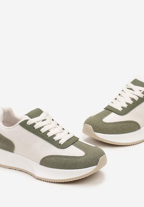 Biało-Zielone Sneakersy na Grubej Podeszwie z Ozdobnymi Przeszyciami i Sznurowaniem Filmia