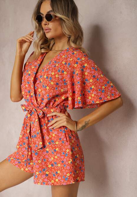 Pomarańczowy Kombinezon z Kopertowym Dekoltem o Taliowanym Kroju Kimelba