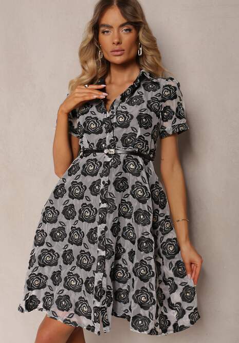 Czarno-Szara Koktajlowa Taliowana Sukienka o Kroju Koszulowym Ozdobiona Paskiem z Perełką Vimalette