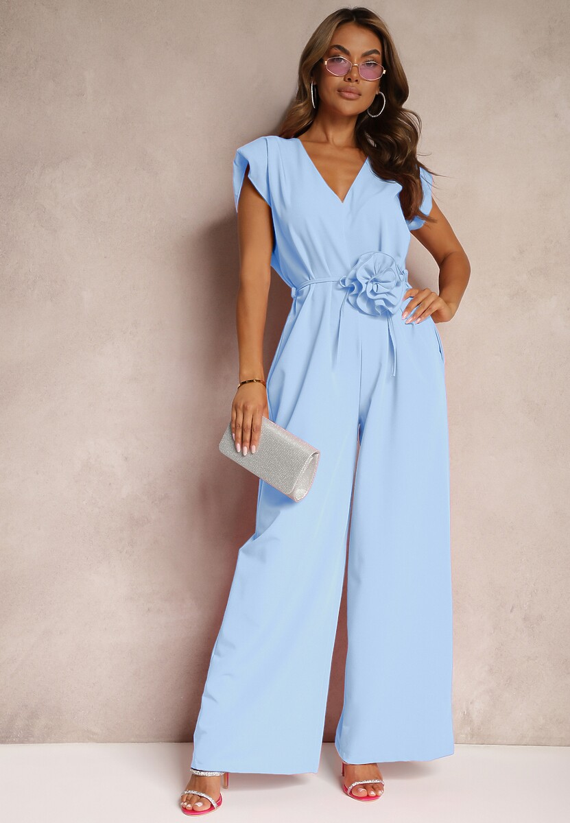 Niebieski Kombinezon Wykończony Prostymi Szerokimi Nogawkami z Wiskozą i Kwiatem 3D Dimentia