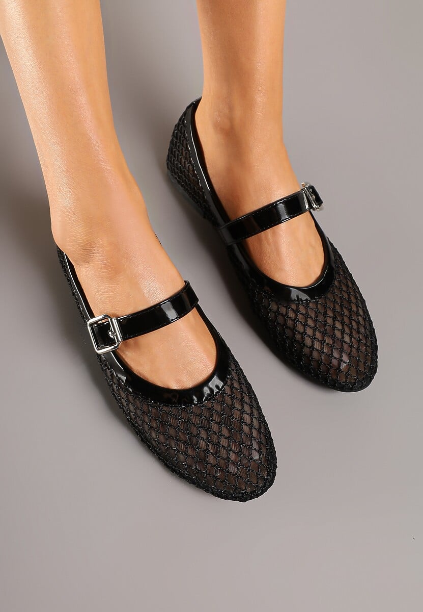Czarne Siateczkowe Balerinki w Stylu Mary Jane Annivira
