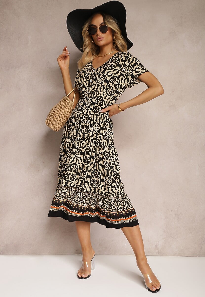 Czarno-Beżowa Sukienka z Bawełny z Trójkątnym Dekoltem i Gumką w Talii Zapinana na Guziki Lavlea