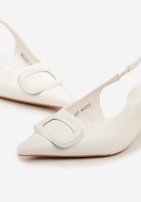 Białe Sandały na Szpilce Kaczuszce Slingback z Geometryczną Aplikacją Melanoriel