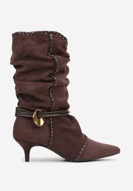 Brązowe Botki na Kaczuszce Slouchy Ozdobione Metaliczną Aplikacją i Sznurkiem Avodvire