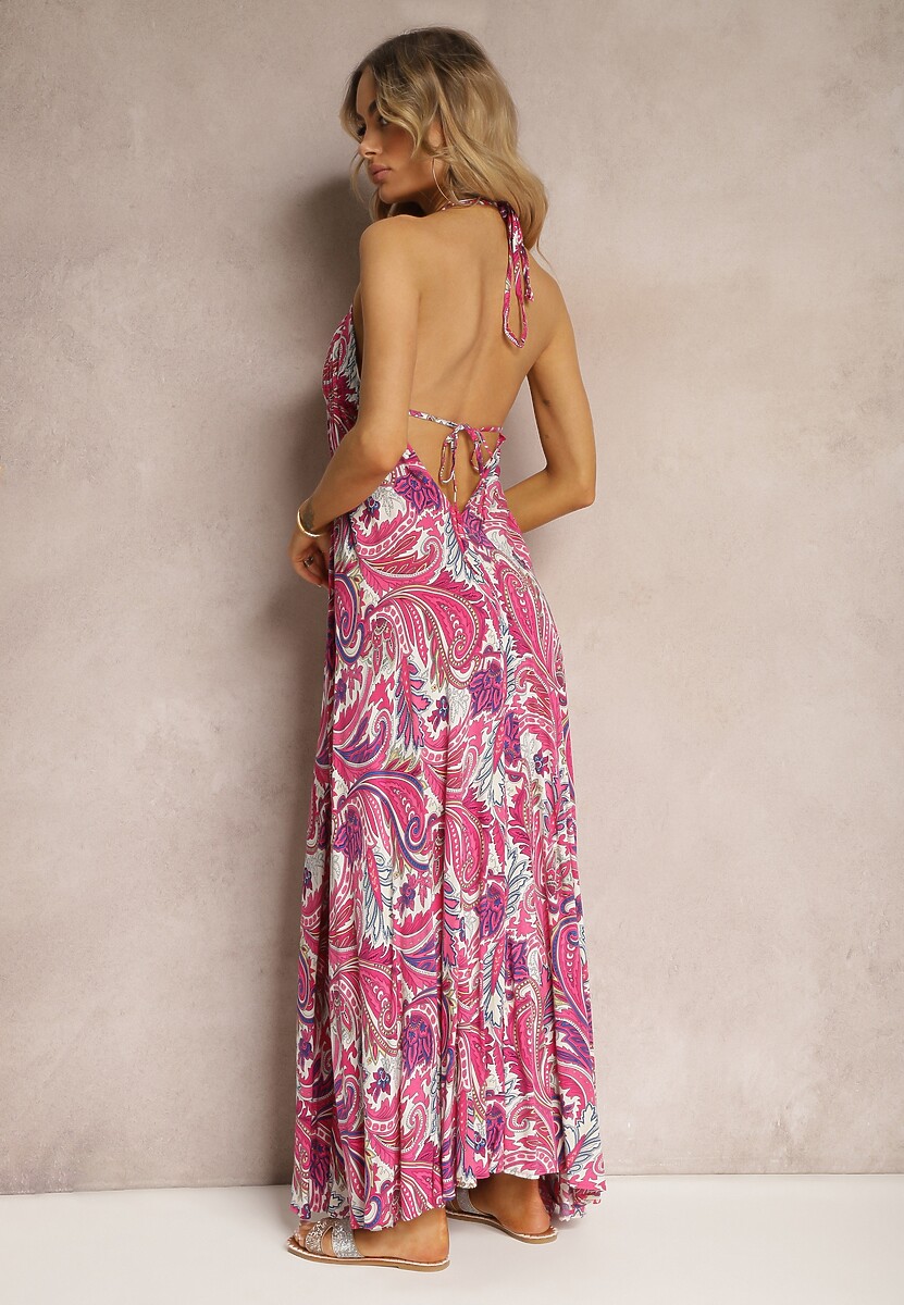 Różowa Sukienka z Wiskozy Wiązana na Szyi ze Ściągaczem pod Biustem Xerbia