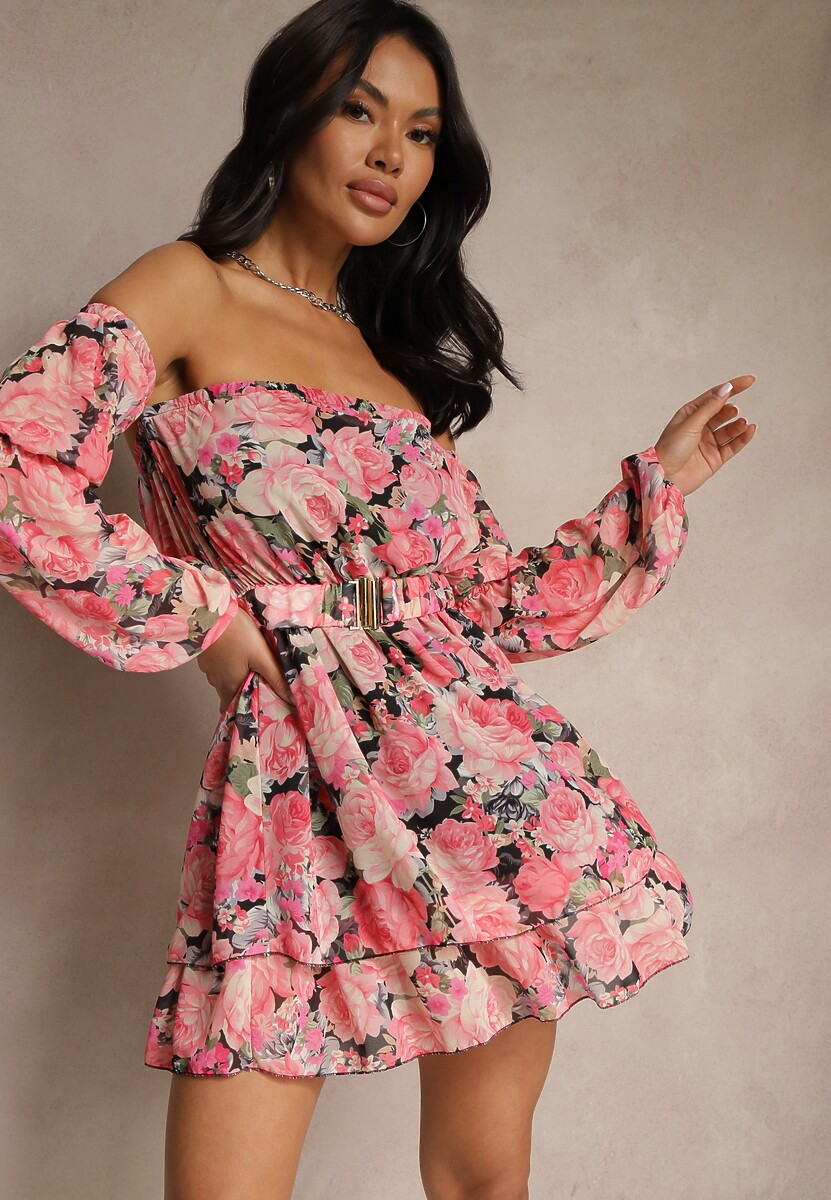 Czarna Sukienka Hiszpanka z Wiskozy w Kwiaty z Paskiem i Falbanami Zelmoi