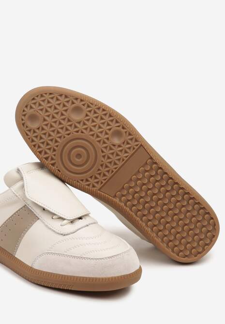 Beżowe Sneakersy na Płaskiej Podeszwie ze Skóry Wykończone Zamszową Wstawką Milirae