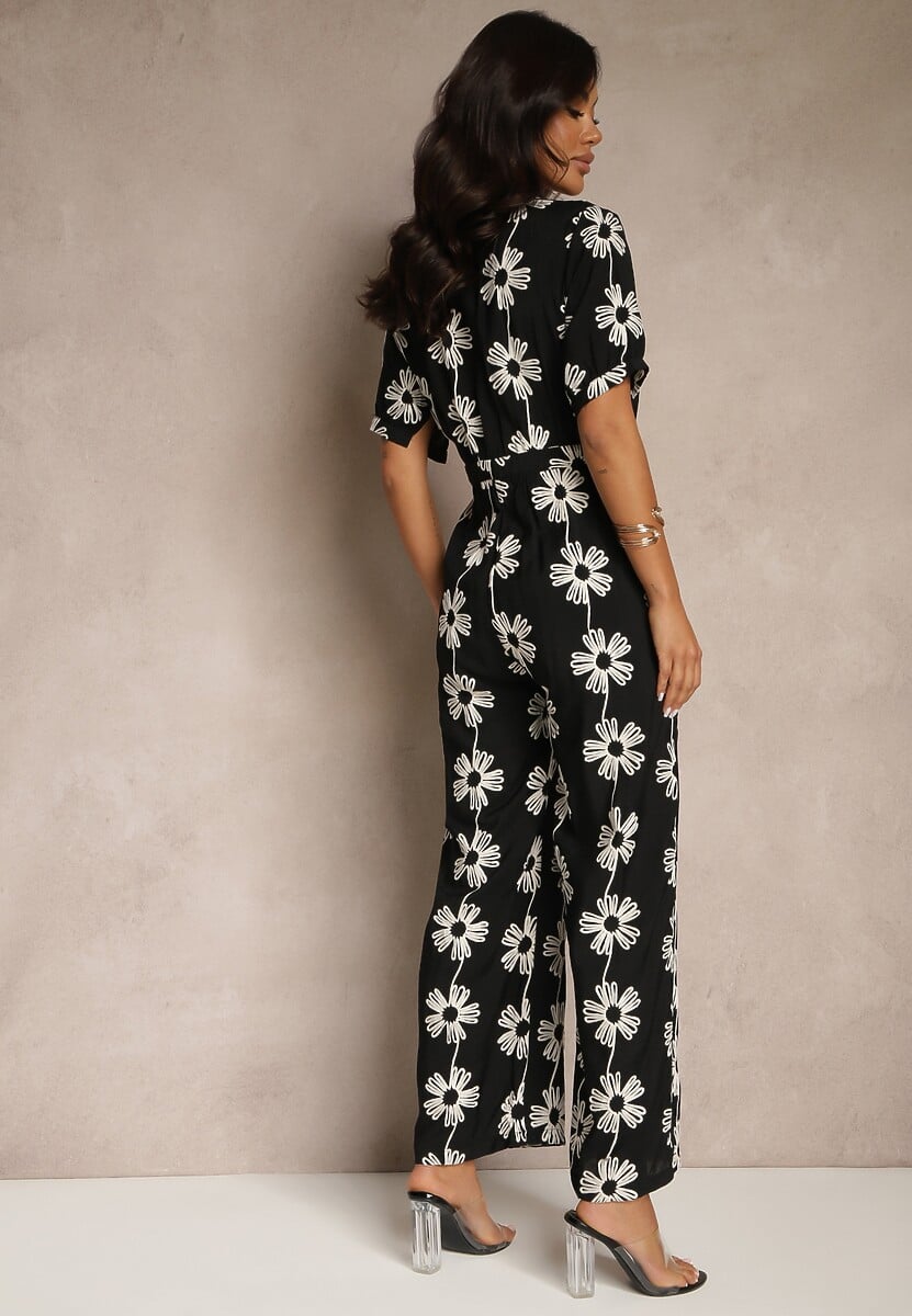 Czarny Koszulowy Kombinezon z Wiskozy z Krótkim Rękawem i Wsuwanymi Kieszeniami Miliane