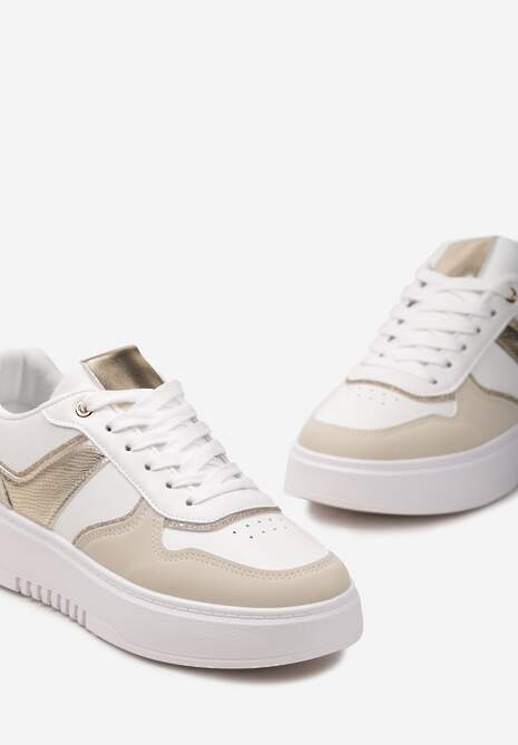 Biało-Beżowe Sneakersy na Platformie z Brokatowymi Akcentami Sellona
