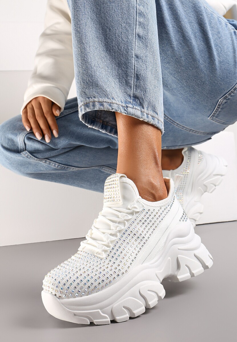 Białe Sneakersy na Platformie z Cholewką z Cyrkoniami Harilena