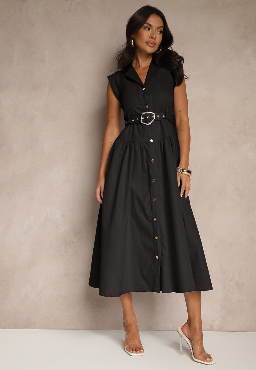 Niebieska Koszulowa Sukienka z Ozdobnym Paskiem Deviolin