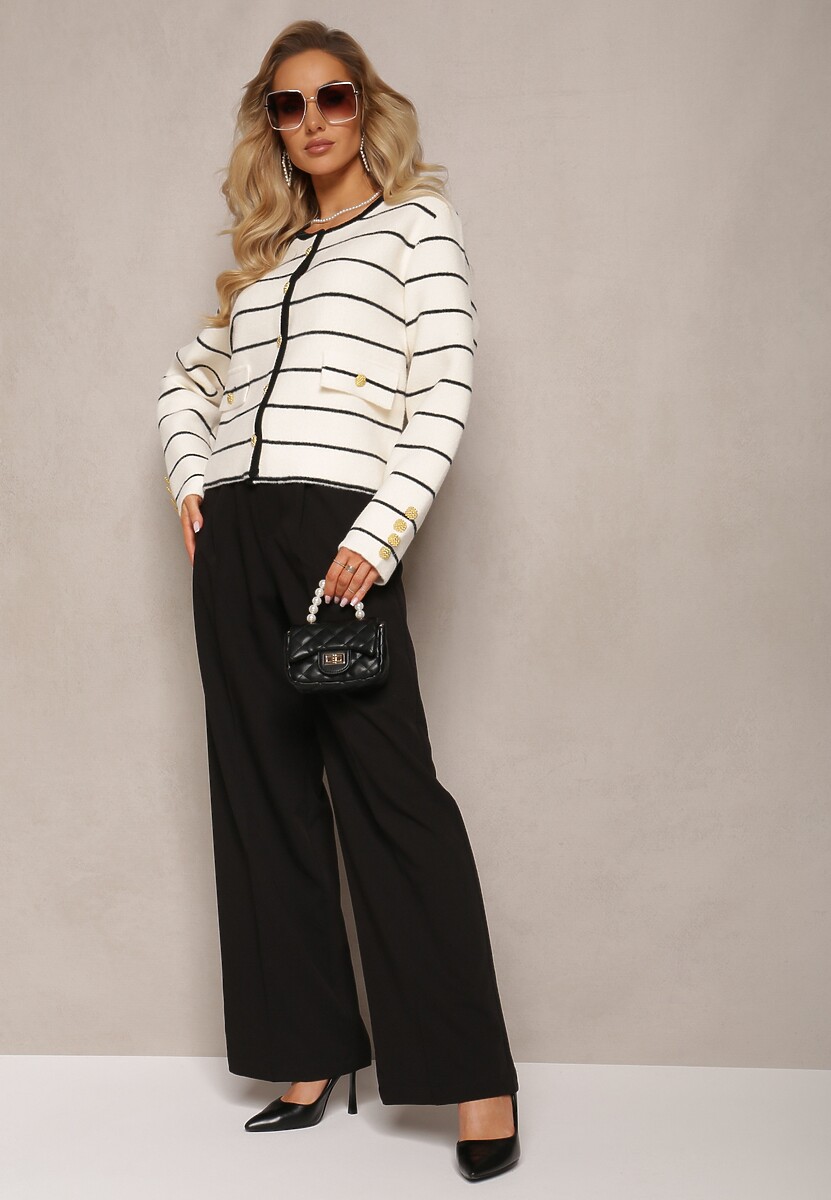 Biały Wiskozowy Kardigan z Ozdobnymi Guzikami i Printem w Paski Biesame