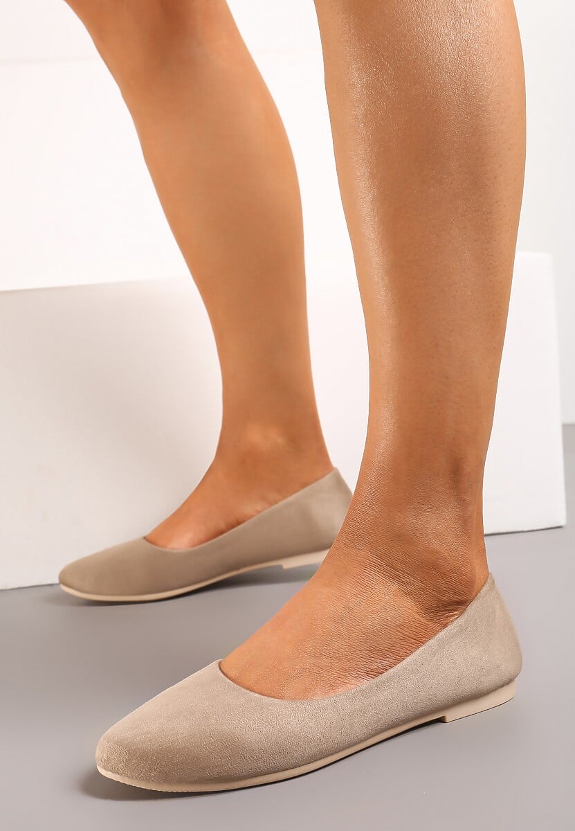 Ciemnobeżowe Klasyczne Balerinki z Ekozamszu z Okrągłym Noskiem Harneli
