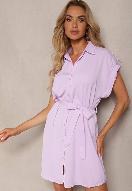 Jasnofioletowa Rozkloszowana Sukienka Koszulowa z Materiałowym Paskiem w Talii Vikira
