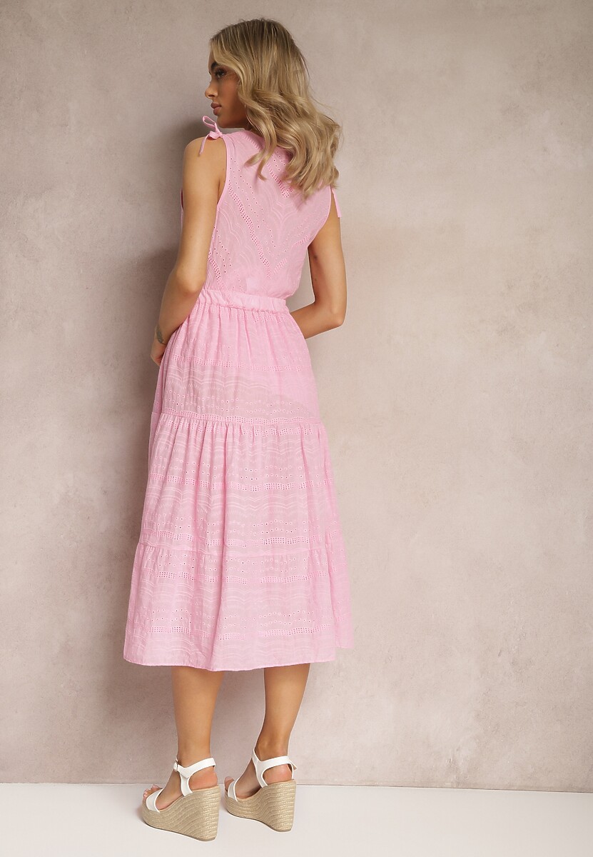 Różowa Rozkloszowana Sukienka Midi z Bawełny Ozdobiona Haftem z Troczkiem w Pasie Tuvina