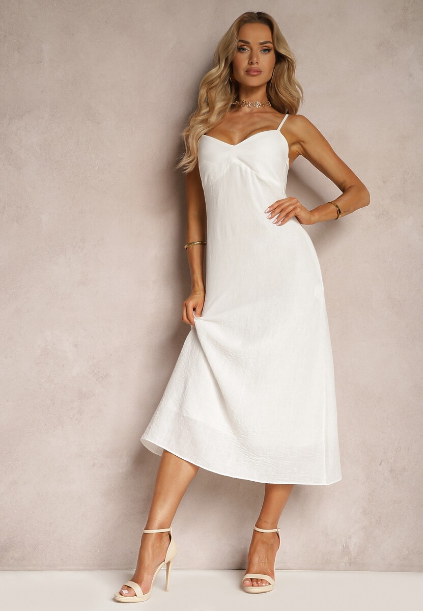 Biała Rozkloszowana Sukienka na Ramiączkach z Trójkątnym Dekoltem Tiamavera