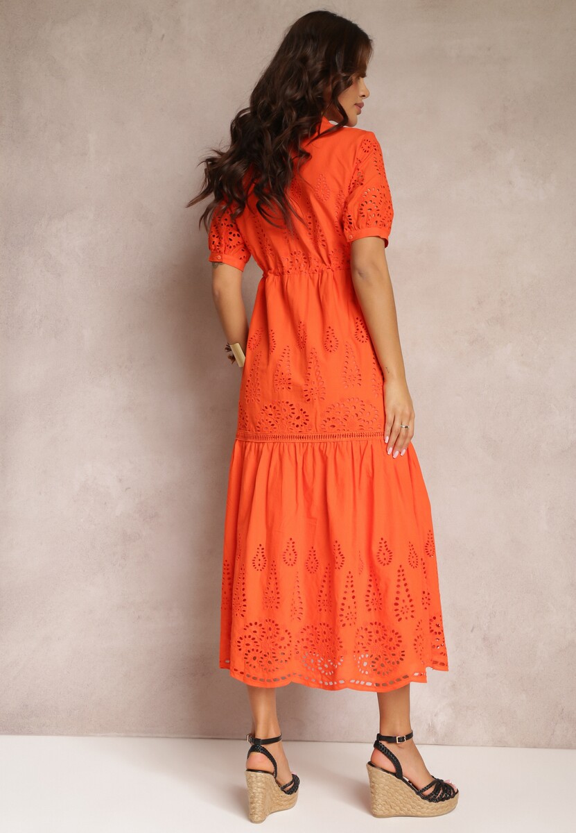 Pomarańczowa Haftowana Sukienka Bawełniana ze Ściągaczem w Talii Ineryna
