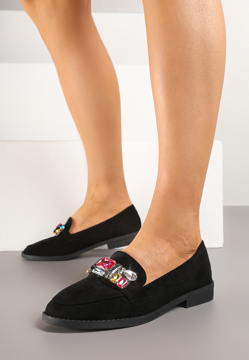 Czarne Wsuwane Mokasyny z Aplikacją z Kryształków Palirona