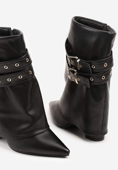 Czarne Botki Kowbojki na Słupku Ozdobione Klamrami i Wywiniętą Cholewką Codvire