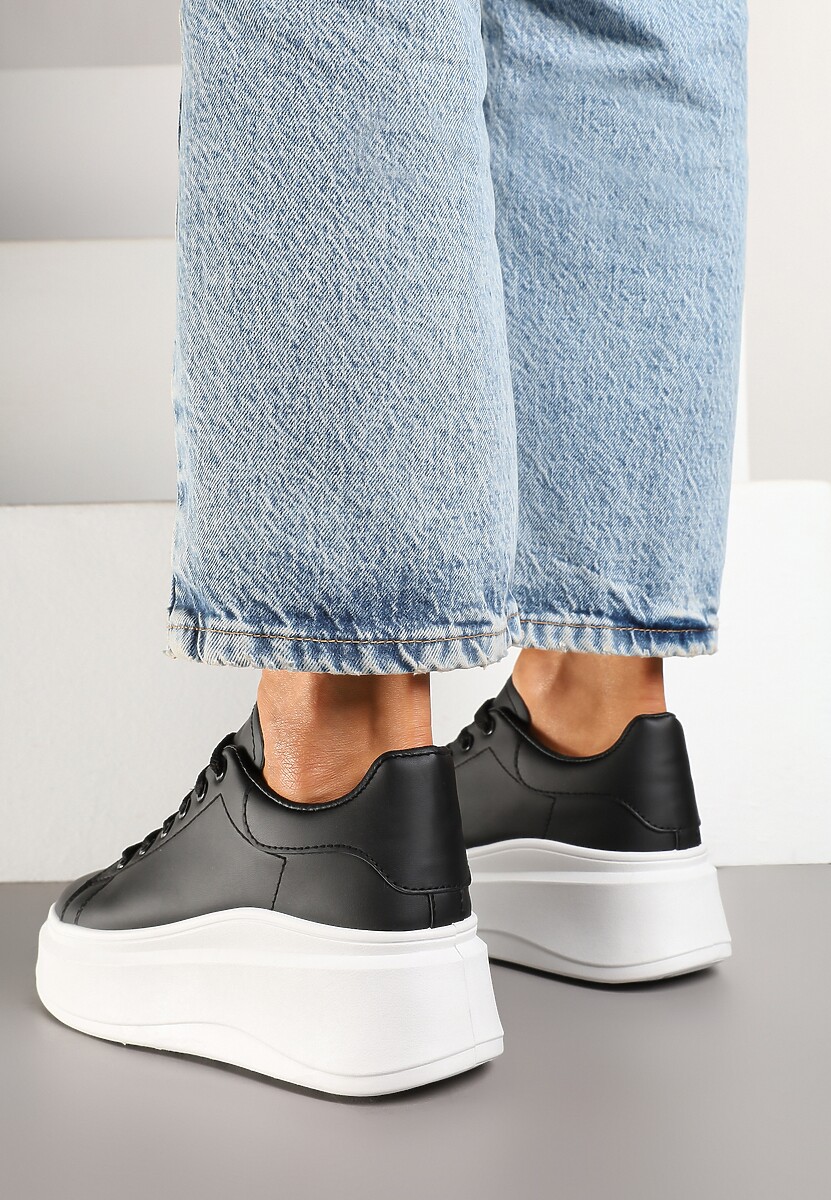 Czarne Sznurowane Sneakersy na Niskiej Platformie z Imitacji Skóry Ajanfa