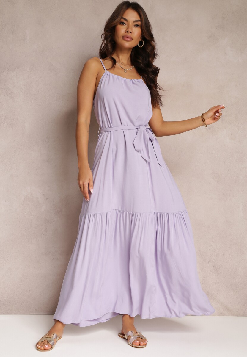 Fioletowa Rozkloszowana Sukienka na Ramiączkach z Wiązanym Paskiem Diadite