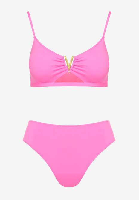 Fuksjowe Bikini Majtki Figi i Biustonosz Ozdobiony Metaliczną Aplikacją Kinniela