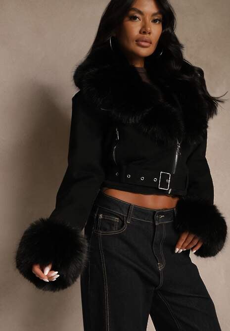 Czarna Kurtka o Kroju Ramoneski z Ociepleniem Zdobiona Futrem Mevindana