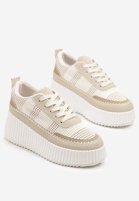 Beżowe Sneakersy na Tłoczonej Platformie z Ozdobnymi Przeszyciami Faloviela
