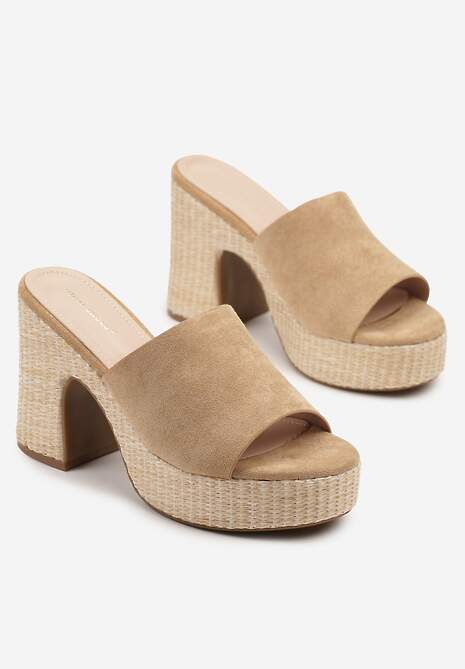 Ciemnobeżowe Klapki na Słupkowym Obcasie z Cholewką z Ekozamszu Voerina