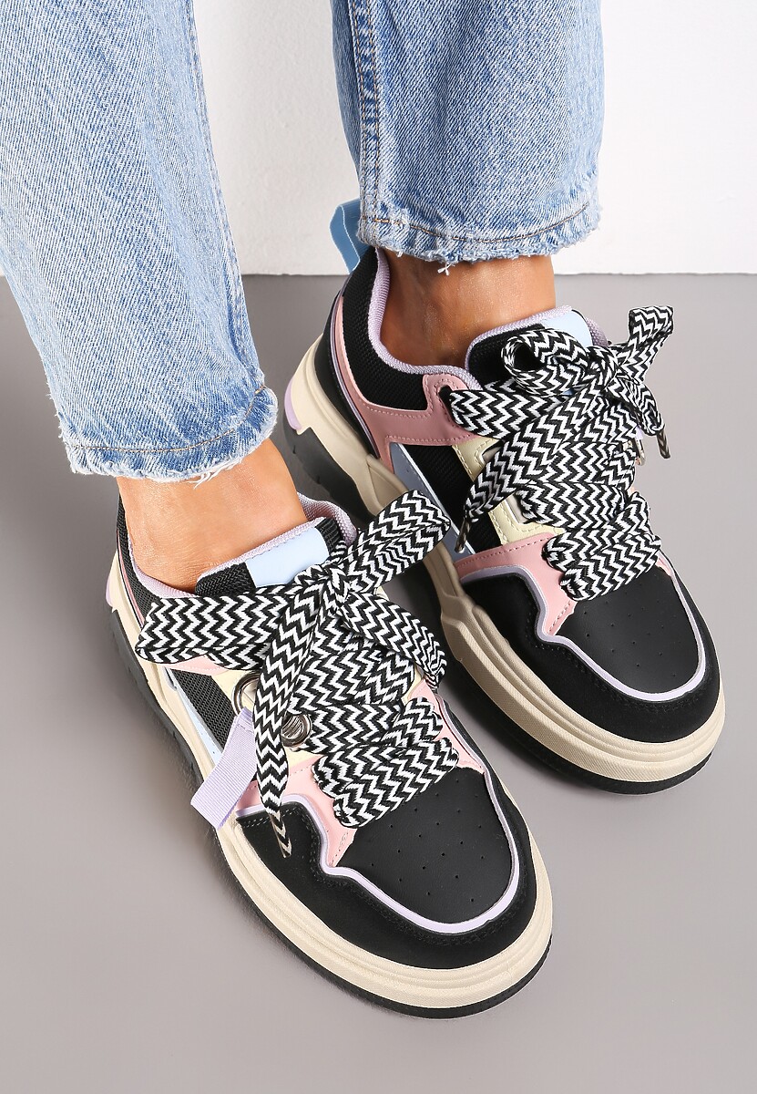 Czarne Sneakersy na Płaskiej Podeszwie z Grubymi Sznurówkami i Przeszyciami Joliat