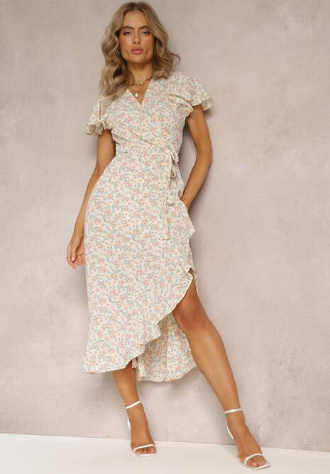 Beżowa Kopertowa Midi Sukienka o Rozkloszowanym Fasonie w Kwiaty Ozdobiona Falbanką Wakena